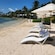 Beach lined with lounge chairs under umbrellas facing calm water, with palm trees in the background